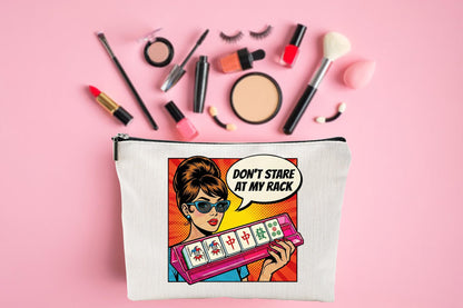 ZUYUROU Funny Mahjong Gifts for Women - Don't Stare At My Rack Makeup Bag - Retro Pop Art American Mahjong Accessories - Zipper Pouch for NMJL Card, Tiles, and Cosmetics - Unique Game Night Prize