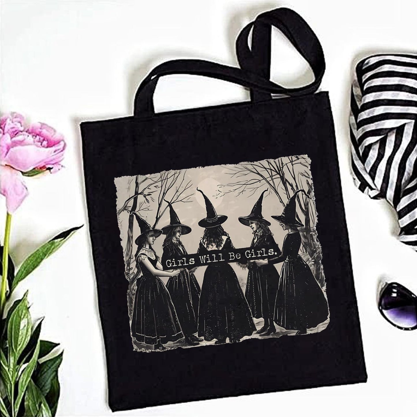 Kimoli Aesthetic Witchy Canvas Tote Bag for Women Funny Witchy Gifts for Women Cute Girls Will Be Girls Canvas Bag Spooky Reusable Beach Shoulder Grocery Casual Bag for Work Travel, Black