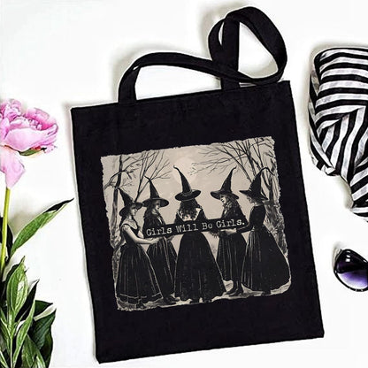 Kimoli Aesthetic Witchy Canvas Tote Bag for Women Funny Witchy Gifts for Women Cute Girls Will Be Girls Canvas Bag Spooky Reusable Beach Shoulder Grocery Casual Bag for Work Travel, Black
