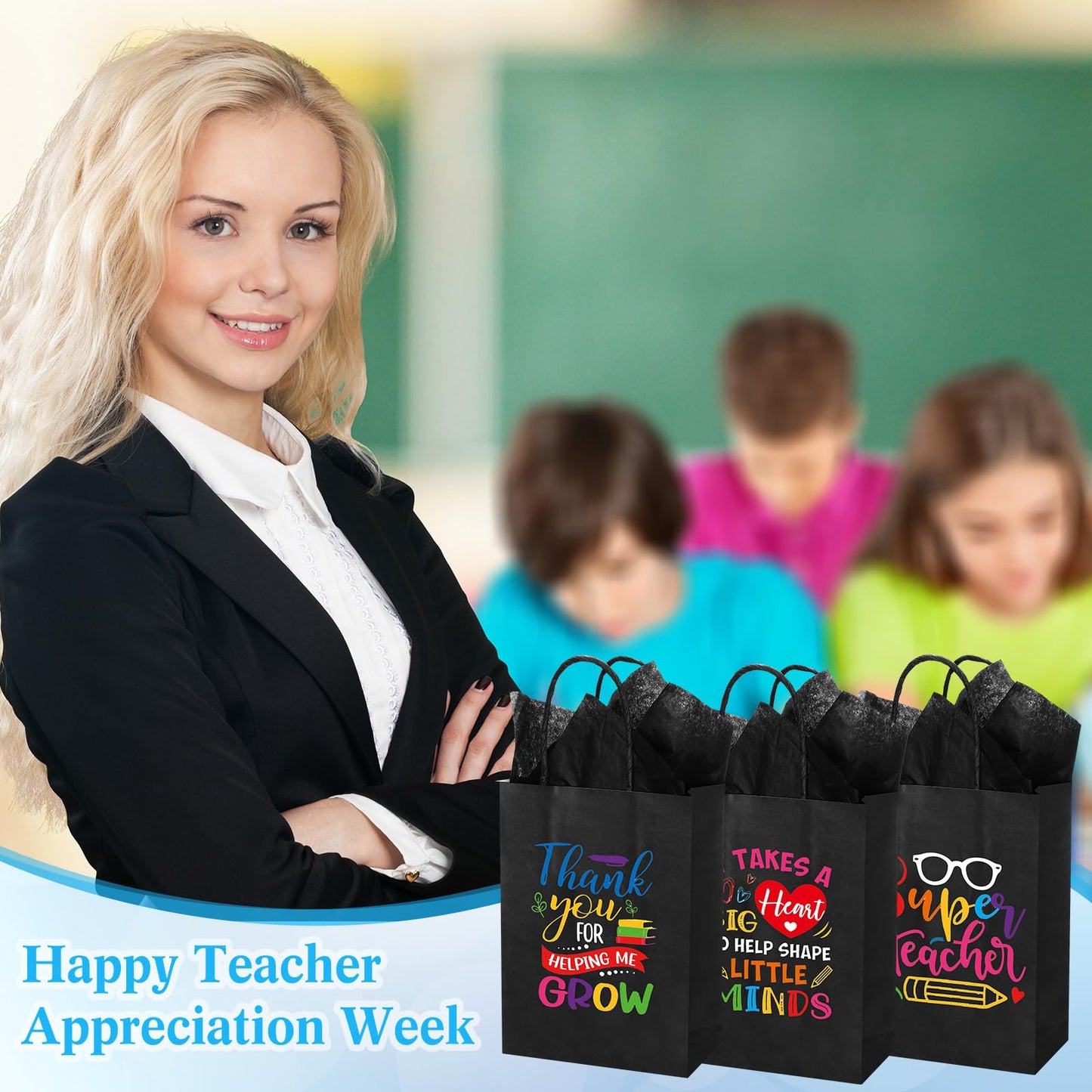 Skyygemm 60 Pack Teacher Appreciation Gift Bags with Tissue Paper Thank You Teacher Paper Gift Bags with Handle for Classroom School End of Year Christmas Party Favors(Black Color)