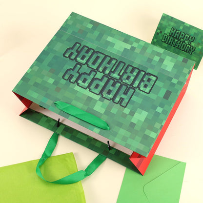 Happy Birthday Goodie Bags, Pixel Theme Gift Bags with Tissue Paper Greeting Card Envelope Party Supplies for Birthday