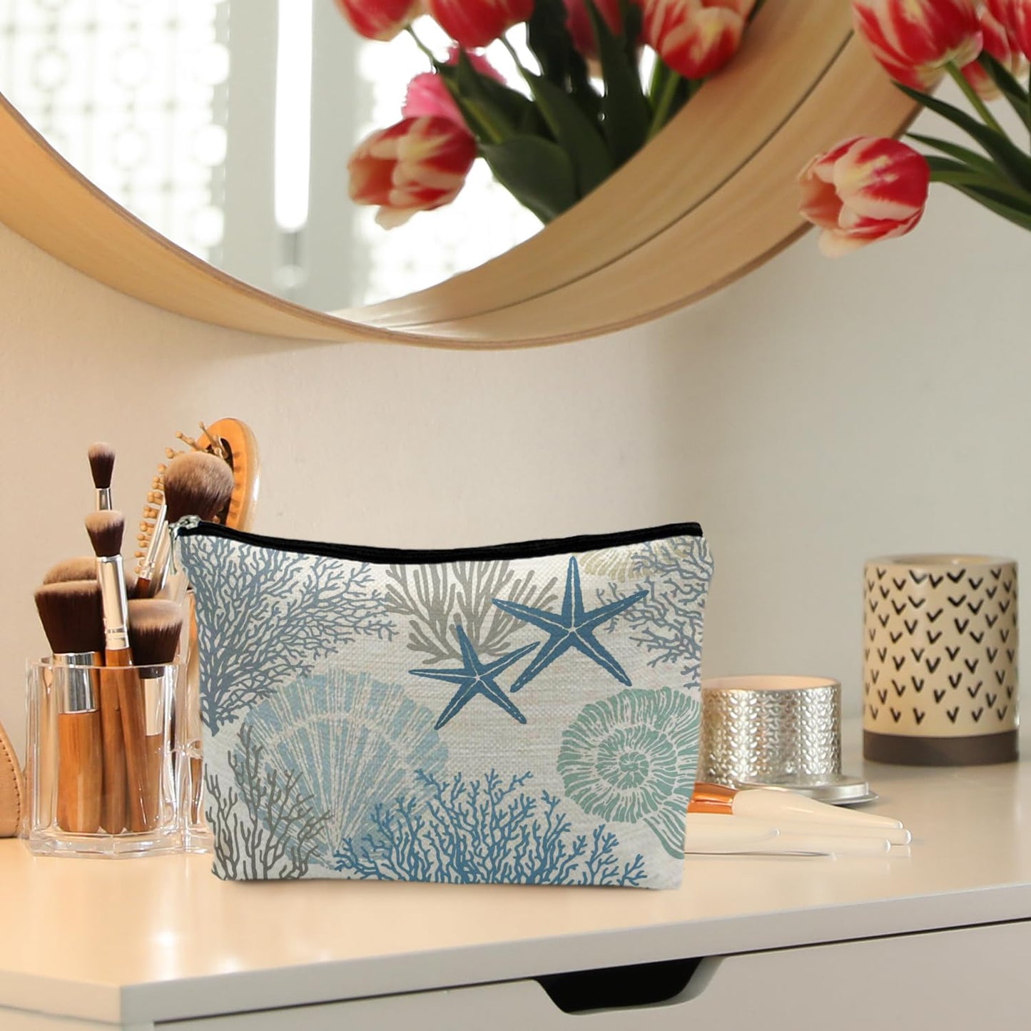 Ocean Starfish Coral Seashell Beach Makeup Bag, Marine Life Sea Animals Cosmetic Bags for Women, Beach Vacation Gifts, Ocean Themed Gifts