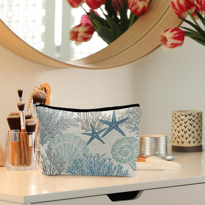 Ocean Starfish Coral Seashell Beach Makeup Bag, Marine Life Sea Animals Cosmetic Bags for Women, Beach Vacation Gifts, Ocean Themed Gifts