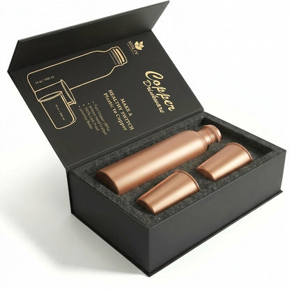 Pure Copper Water Bottle and 2 Tumblers Set - 3 Piece Handcrafted Drinkware Gift Set | 34 Oz Bottle + Two 10 Oz Cups | Jointless Leakproof Ayurvedic Wellness & Hydration
