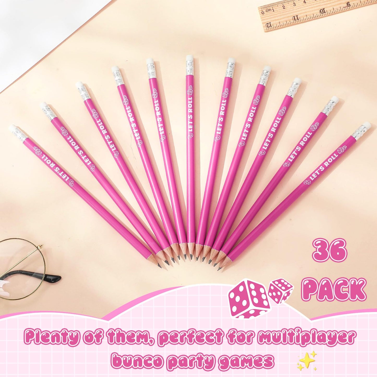 Sinload 36 Pcs Bunco Let's Roll Pencils with Eraser Player Game Scoring, Wooden Pink Pencils Suitable for Writing, Drawing and Bunco Party Supplies
