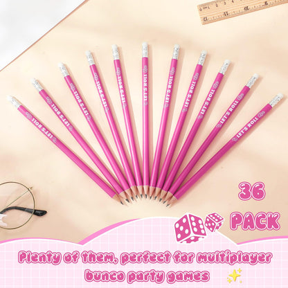 Sinload 36 Pcs Bunco Let's Roll Pencils with Eraser Player Game Scoring, Wooden Pink Pencils Suitable for Writing, Drawing and Bunco Party Supplies