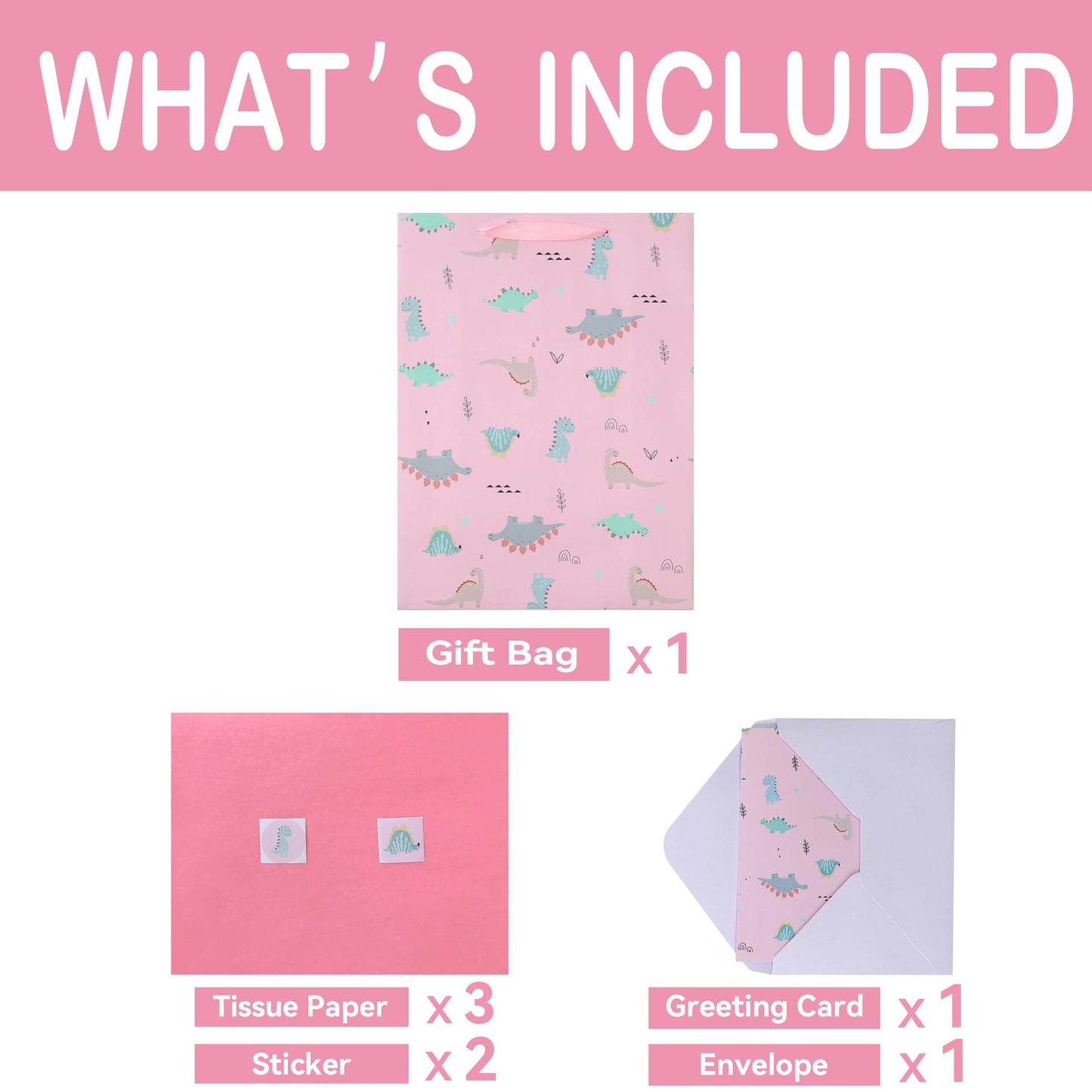 16.5” Extra Large Dinosaur Gift Bag Set with Handles, Greeting Card, Pink Tissue Papers and Stickers for Girls Kids Teens for Birthday Baby Shower Baby Girl Newborn New Moms, Dinosaur-themed Design, 1 Pcs