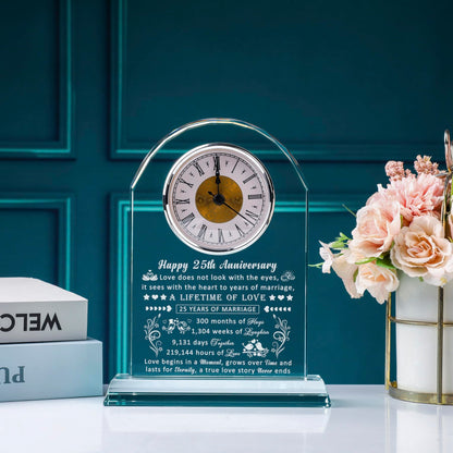 25th Wedding Anniversary Glass Quartz Clock Gifts for Women Men, 25 Year Anniversary Romantic Gift for Him Her, Silver Anniversary Clock Gifts for Couple, 25 Years of Marriage Gifts
