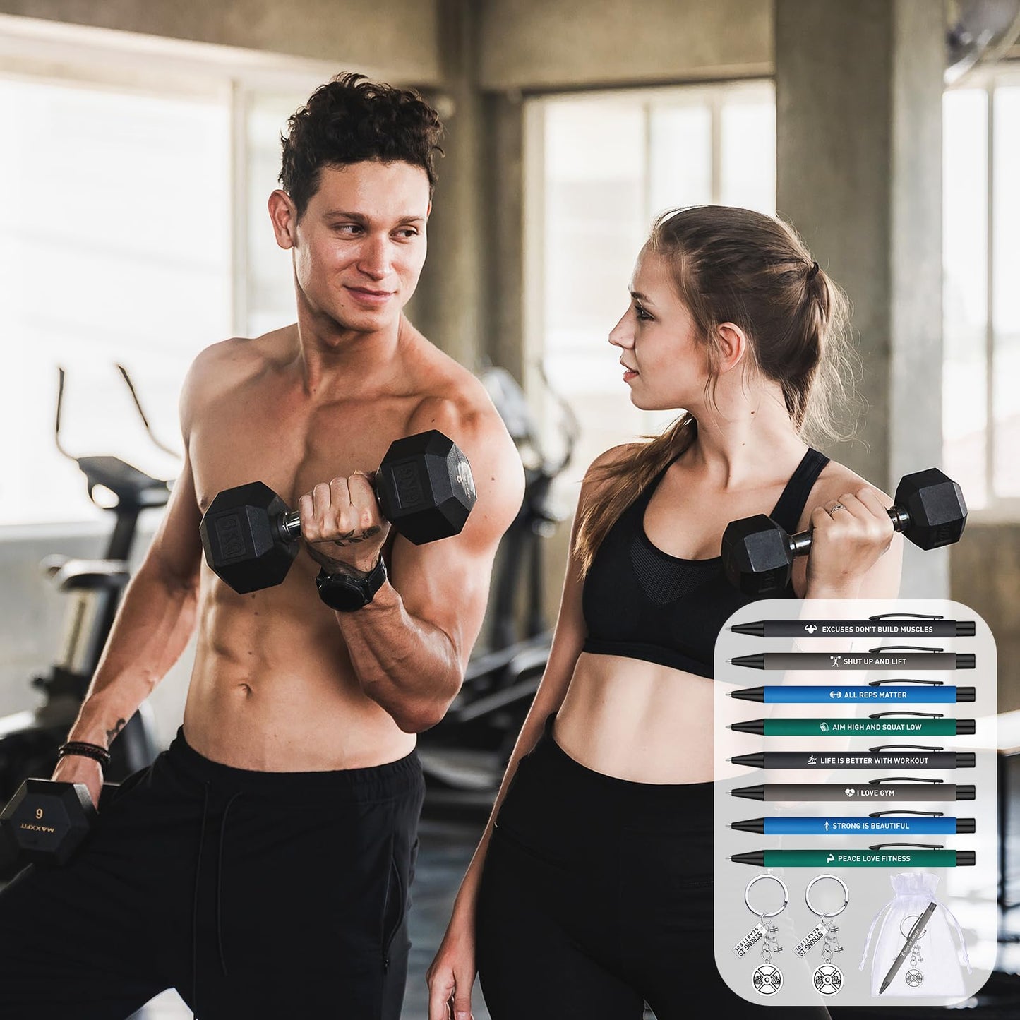Yexiya 16 Sets Fitness Gift for Women Men Including Funny Sport Pens and Workout Gym Keychains Fitness Lovers Personal Trainer Gifts for Christmas Birthday