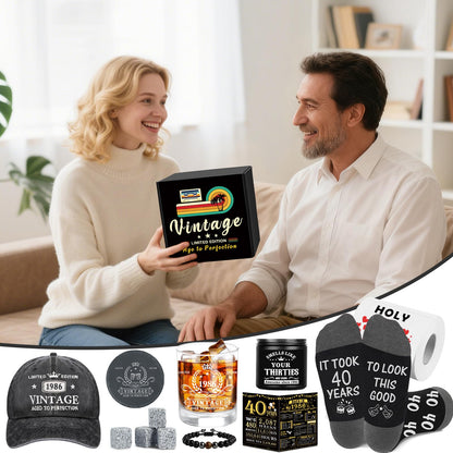 40th Birthday Gifts for Men, Unique Gift Ideas for 40th Birthday Men Who Have Everything, 1986 40 Year Old Birthday Gift Baskets for Man Whiskey Glass Baseball Cap Socks Toilet Paper