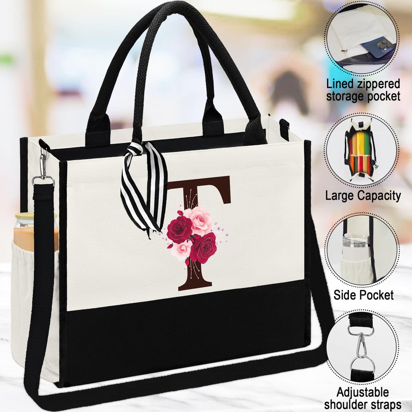 Mother's Day Gifts,Birthday Gift for Women,Initial Canvas Tote Bag,Personalized Gifts for Women,16oz Glass Cup With Straw,Jewelry Storage Box,Monogrammed Gift for Woman Mom Sister Bestie-T