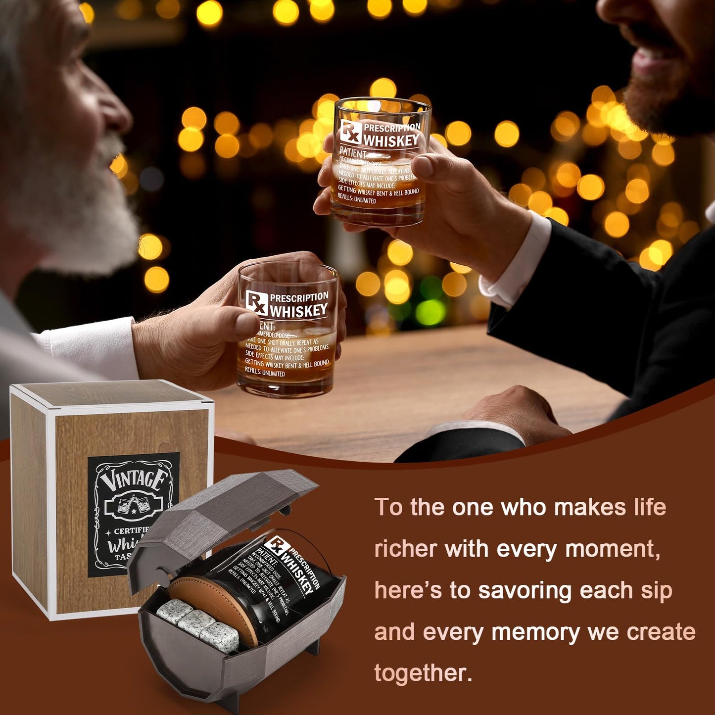 Prescription Whiskey Glass, Funny Rocks Glass & Bourbon Barrel Set for Brother Boyfriend Father Husband Coworker on Christmas & Birthday, White Elephant Cool Gag Gifts for Men