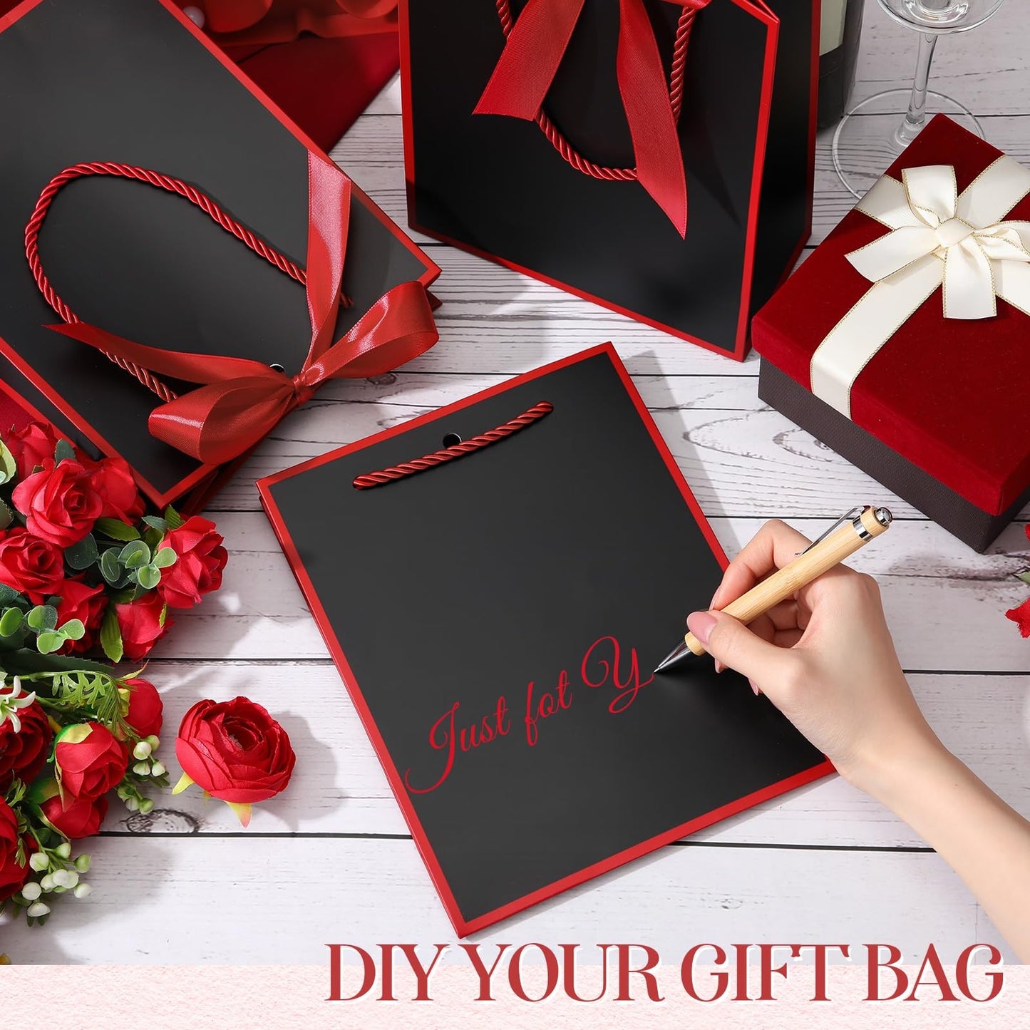 Silkfly 12 Pcs Wedding Paper Gift Bags with Handle 9x7x3.15'' Thank You Gifts Bags with Ribbon Bow Bridal Shower Gifts for Baby Shower Graduation Holiday Birthday Party Supplies (Black,Red)