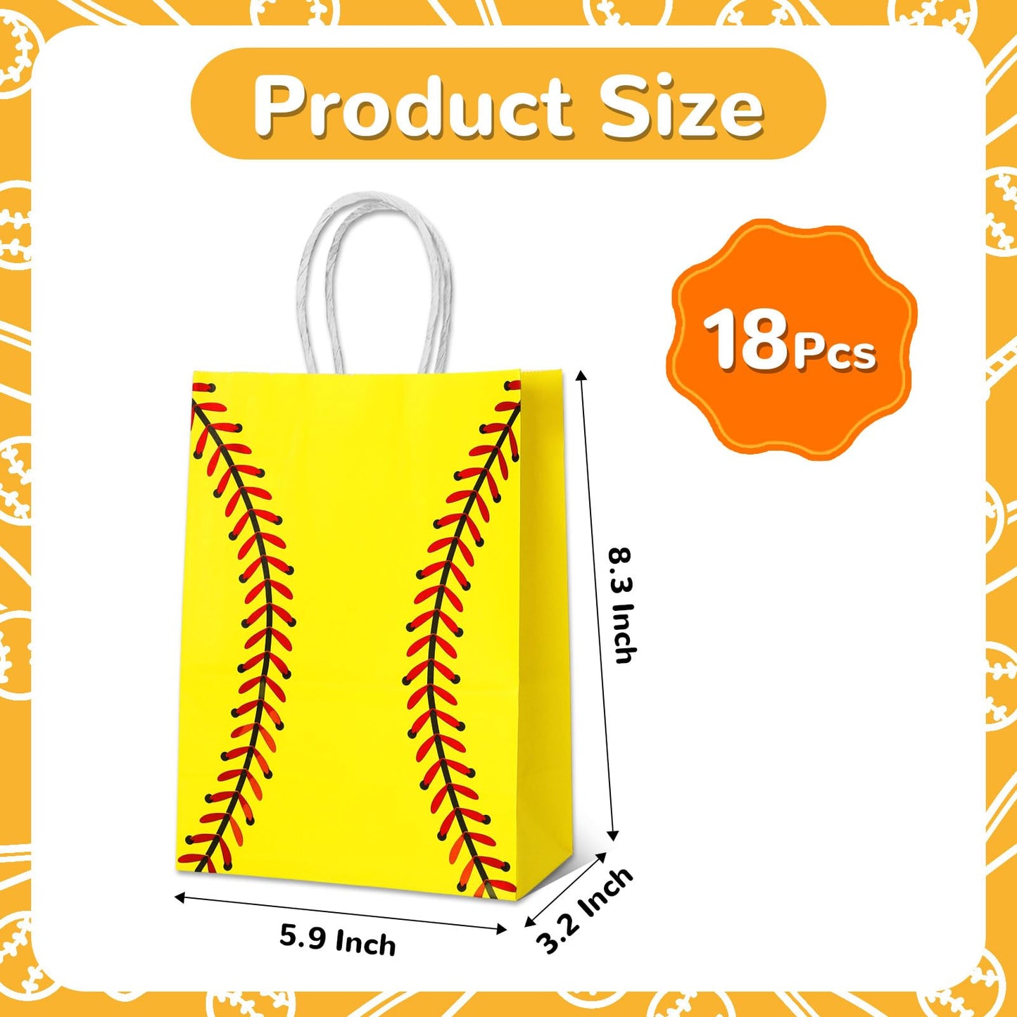 WATMTIN 18 Pcs Softball Party Gift Bags, Softball Pattern Gift Bag with Handle, Paper Treat Candy Goodie Bags for Softball-Themed Party Games Sports Day Birthday Decorations Supplies