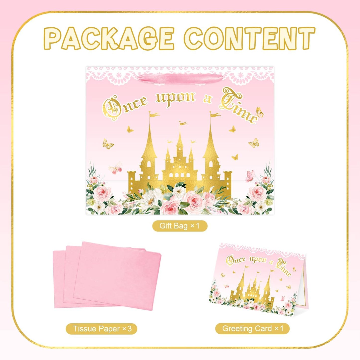 Reyoust 13" Large Pink Princess Themed Gift Bag with Card and Tissue Paper Floral Castle Present Bag for Girls Fairy Tale Baby Shower Birthday Party Decorations 1 Pcs 13" L x 10.2" H x 4.9" D