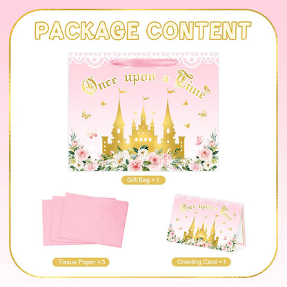 Reyoust 13" Large Pink Princess Themed Gift Bag with Card and Tissue Paper Floral Castle Present Bag for Girls Fairy Tale Baby Shower Birthday Party Decorations 1 Pcs 13" L x 10.2" H x 4.9" D