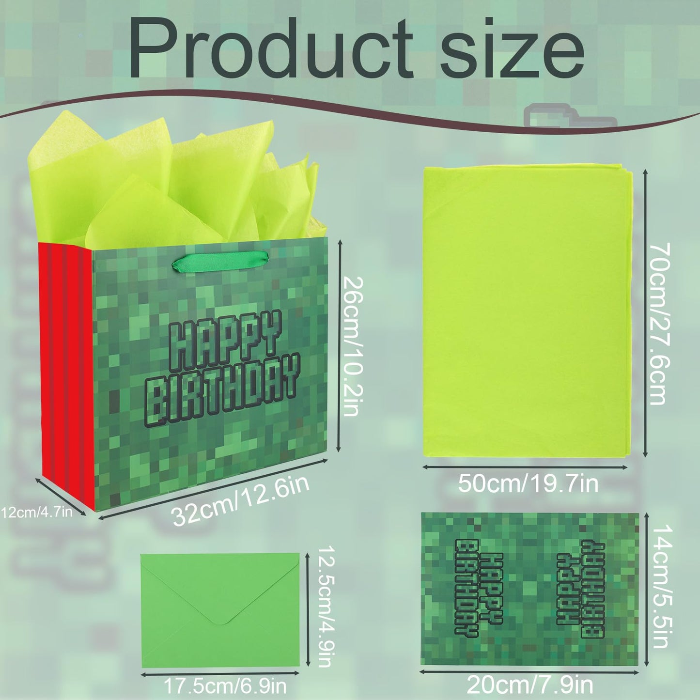 Happy Birthday Goodie Bags, Pixel Theme Gift Bags with Tissue Paper Greeting Card Envelope Party Supplies for Birthday