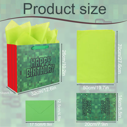 Happy Birthday Goodie Bags, Pixel Theme Gift Bags with Tissue Paper Greeting Card Envelope Party Supplies for Birthday