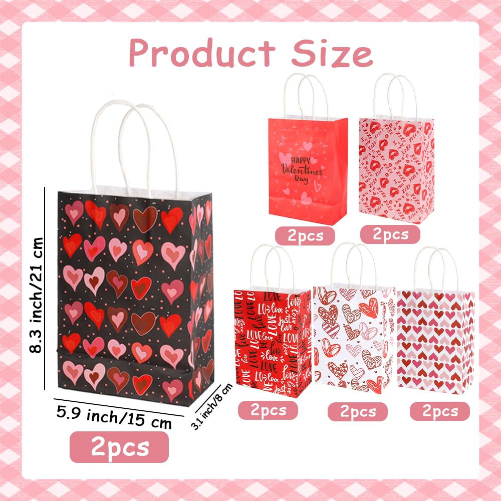 Valentines Gift Bags, 12 PCS Valentine Paper Bags with Handles, Valentines Day Gift Bag, Heart Shaped Valentine Treat Goodie Candy Cookie Bag for Valentine's Day Wedding Holiday Party Favor Supplies
