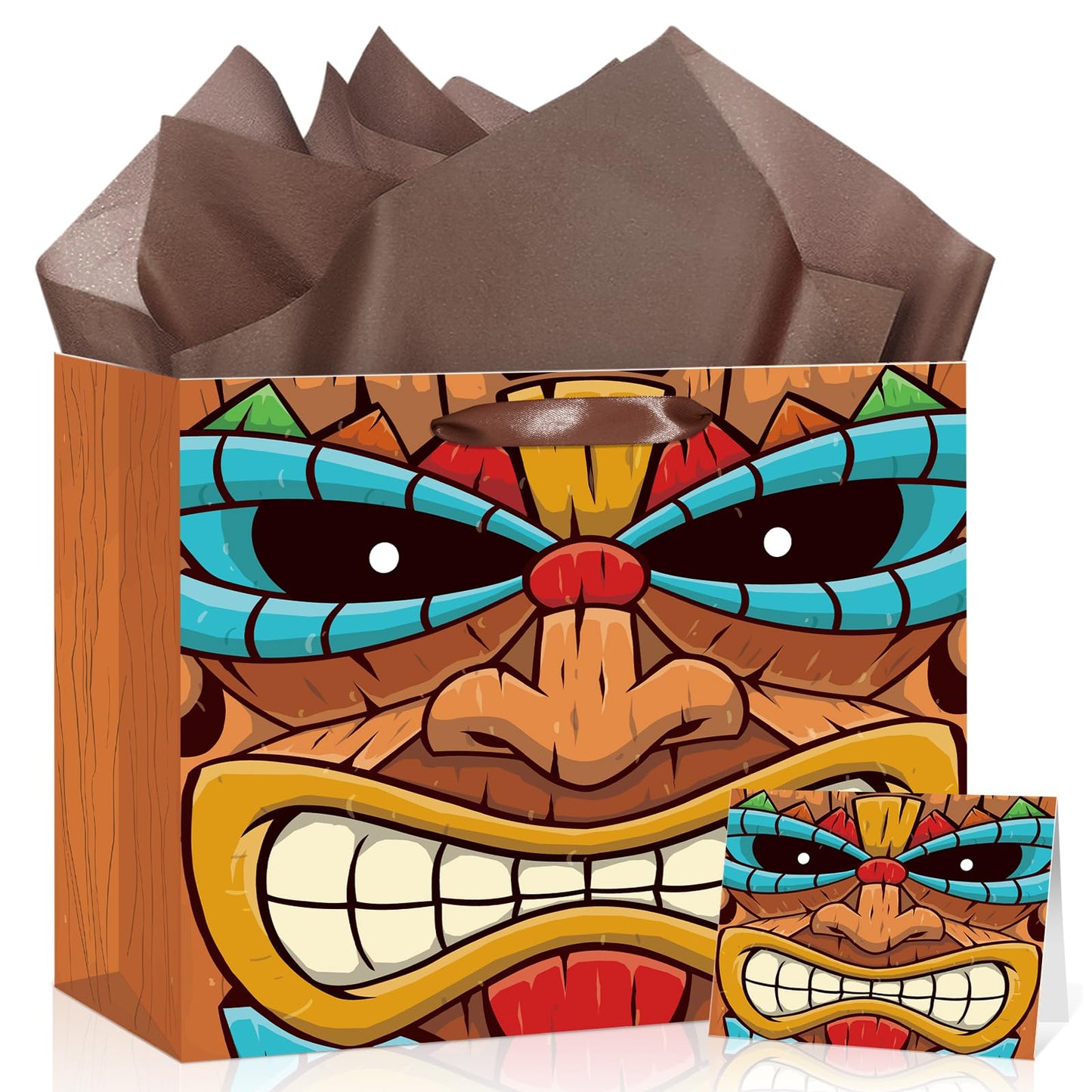 Tiki Gift Bag Brown Hawaiian Wrapping Paper Bag with Tissue Paper and Greeting Card Aloha Luau Party Favors Hawaiian Themed Party Decor for Hawaii Tropical Summer Festival Birthday Party Supplies