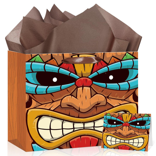 Tiki Gift Bag Brown Hawaiian Wrapping Paper Bag with Tissue Paper and Greeting Card Aloha Luau Party Favors Hawaiian Themed Party Decor for Hawaii Tropical Summer Festival Birthday Party Supplies