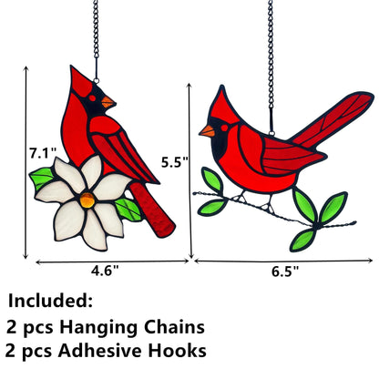 2 Packs Stained Glass Red Cardinal Memorial Gifts for Women, Stained Glass Window Hanging, Red Cardinal on Branch Ornament Suncatcher, Handmade Bird Decor Gift for Mom, Bird Lover