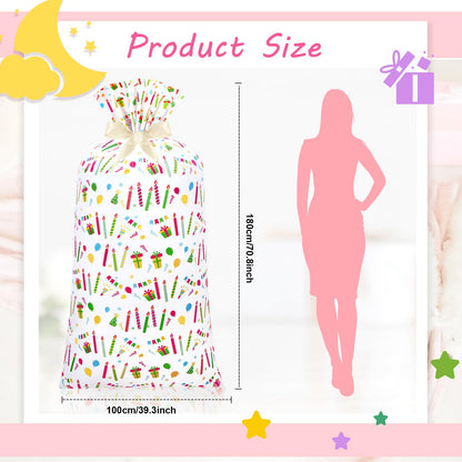 Teling 2 Pcs Large Birthday Plastic Gift Bags 70 x 40 Oversized Plastic Storage Bags with 2 Rolls Ribbons for Birthday Party, New Parents Shower, Bicycle Bike, Holiday