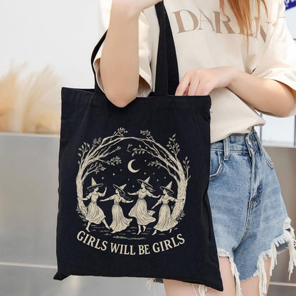 Girls Will Be Girls Witchy Canvas Tote Bag– Aesthetic Witchy Gifts for Women, Cute Spooky Reusable Travel Tote, Witch Inspired Canvas Gift, Black