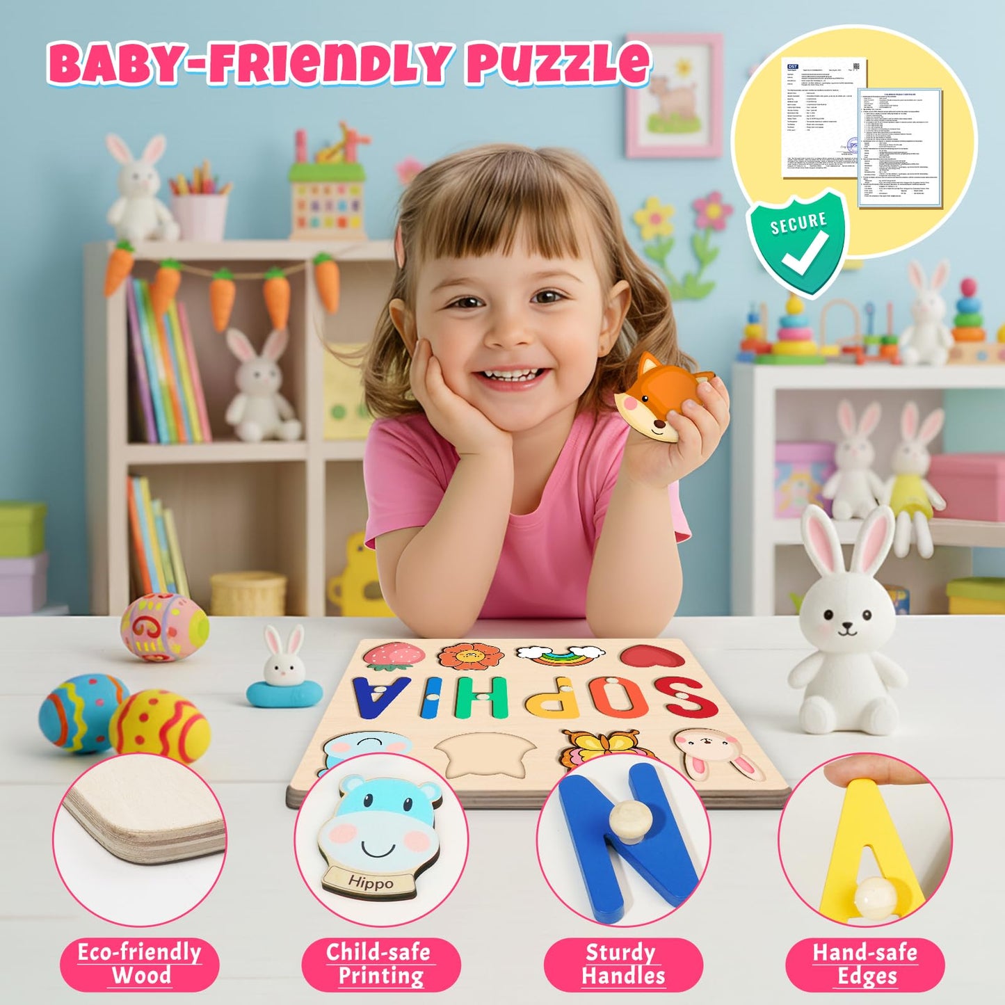 Personalized Name Puzzle for 1 Year Old Girl Gifts | Custom Wooden Baby Girl Gift with 54 Animal Art Sets | 2 st Birthday Gift for Girls,Personalized Baby Boy & Girl Gifts Keepsake