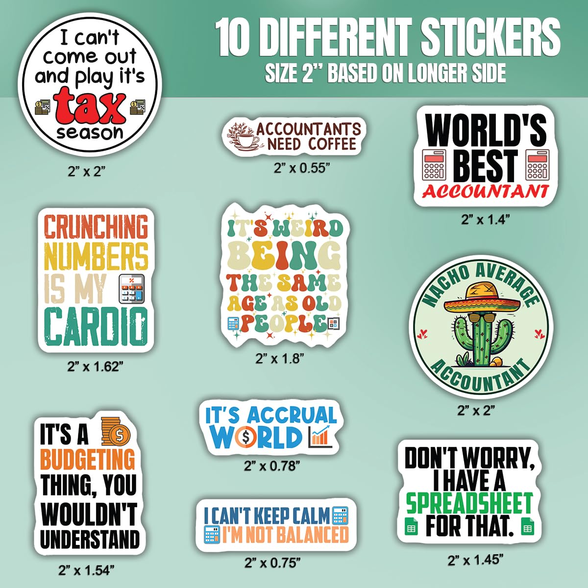 10pcs Accountant Stickers Sheet Funny CPA Gift Tax Season Accounting Spreadsheet Vinyl Decal Multiple Design, Waterproof, UV-Resistant, for Water Bottle, Scrapbook, Laptop, Car (Design 1)