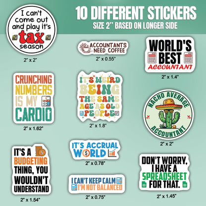 10pcs Accountant Stickers Sheet Funny CPA Gift Tax Season Accounting Spreadsheet Vinyl Decal Multiple Design, Waterproof, UV-Resistant, for Water Bottle, Scrapbook, Laptop, Car (Design 1)
