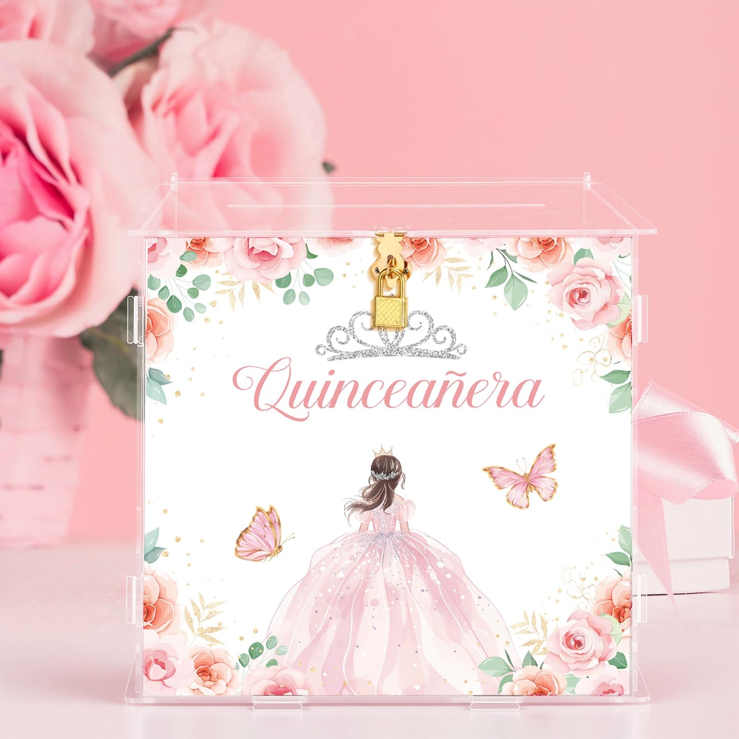 Novabright Quinceanera Money Cash Box Quinceanera Acrylic Cardholder Gift Box with Lid and Lock for Sweet 15th Birthday Coming of Age Ceremony Quinceaneras Party Decor