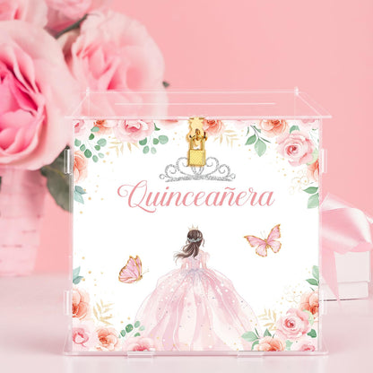 Novabright Quinceanera Money Cash Box Quinceanera Acrylic Cardholder Gift Box with Lid and Lock for Sweet 15th Birthday Coming of Age Ceremony Quinceaneras Party Decor