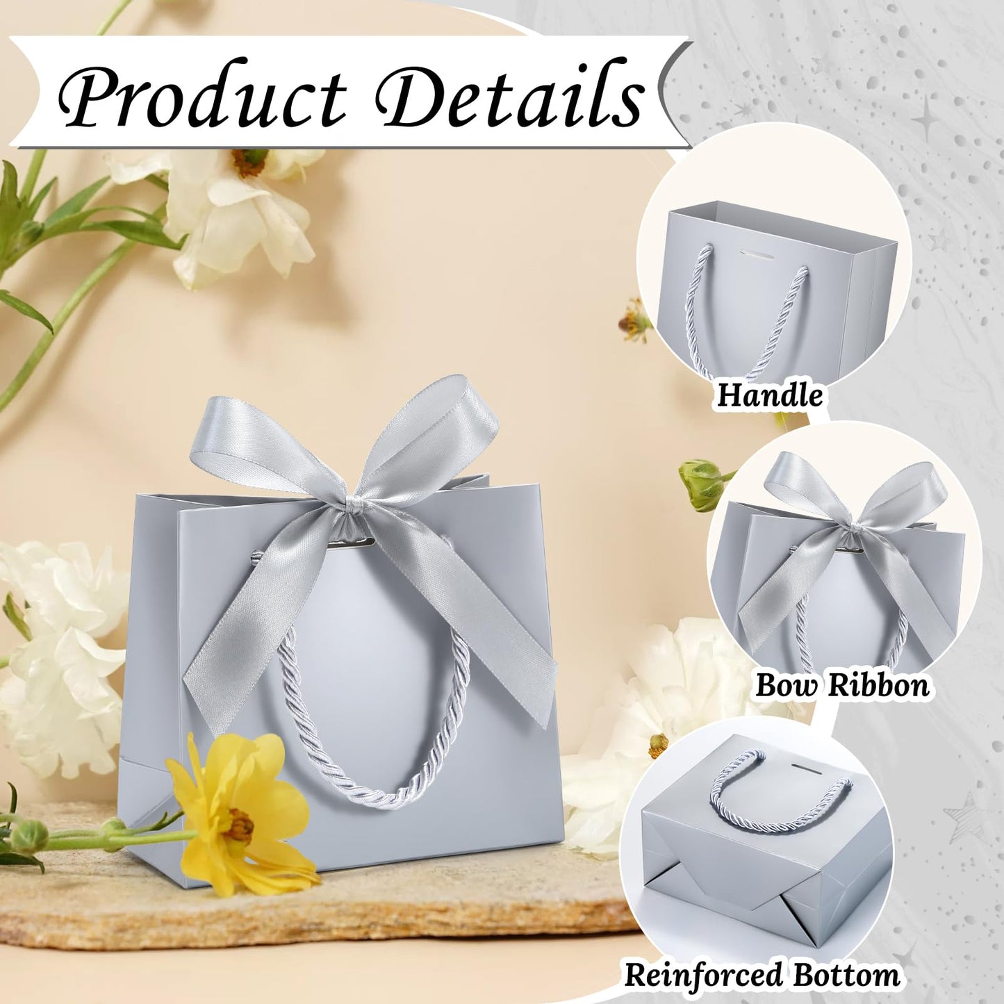 EQOREIIN 50 Pack Small Gift Bags with Handles,Silver Mini Bag,5.5x 2.5x4.7 Inches Small Thank You Gift Bags Bulk with Ribbon for Party Favors,Mother's Day, Goodie, Weddings,Baby Shower(Silver)