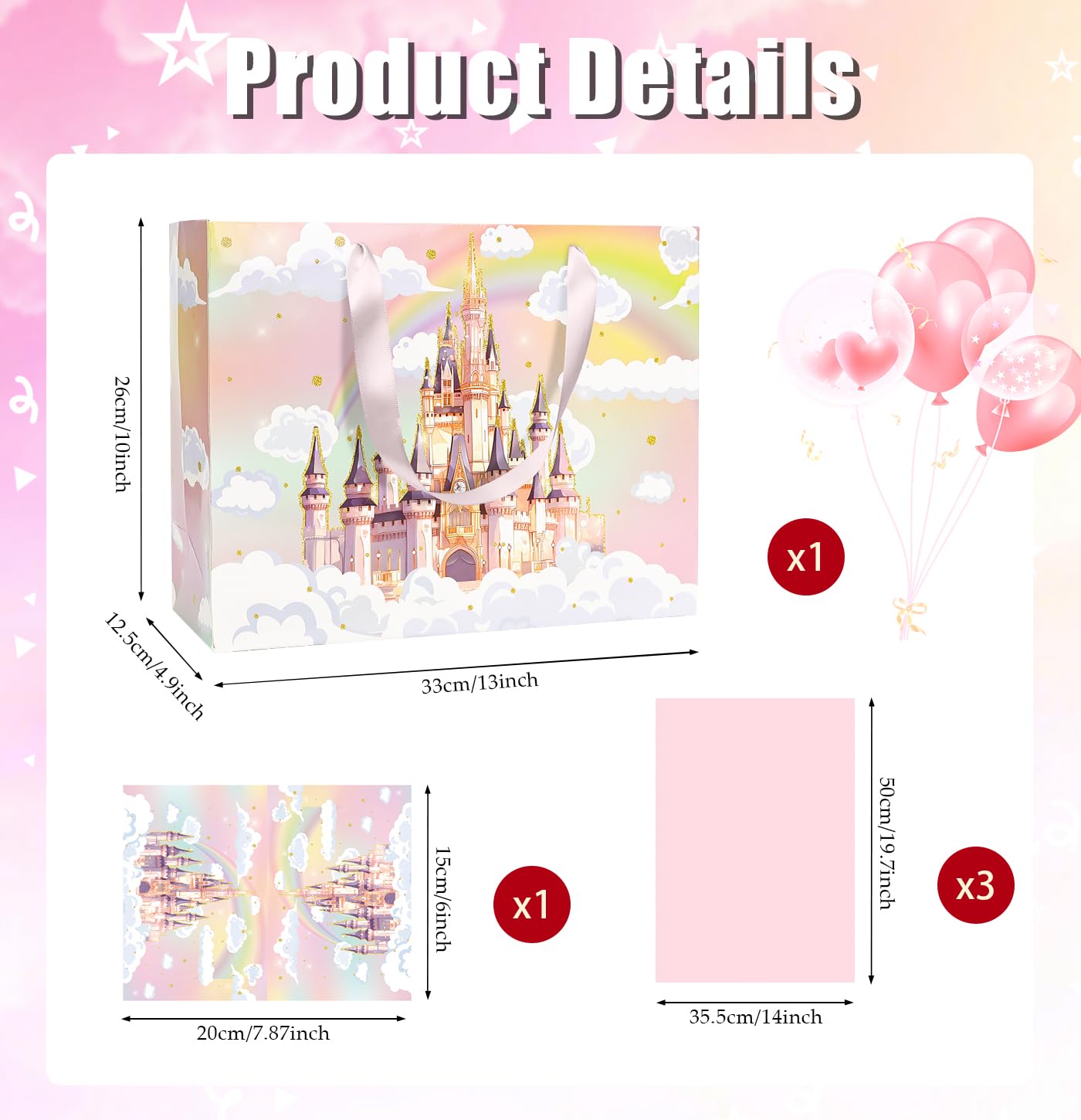 MUNILAIL 13 Inches Castle Gift Bag for Girls Large Gift Bag with Handle Tissue Paper and Greeting Card for Kids Birthday Princess Themed Party Large Paper Gift Bag