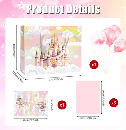 MUNILAIL 13 Inches Castle Gift Bag for Girls Large Gift Bag with Handle Tissue Paper and Greeting Card for Kids Birthday Princess Themed Party Large Paper Gift Bag