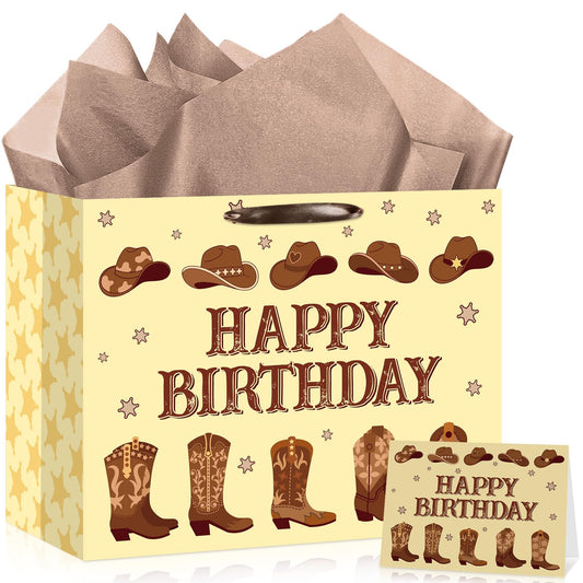 Cowboy Birthday Gift Bag Western Rodeo Baby Shower Gifts Bag with Tissue Paper Card Brown Cowboy Boots Wrapping Paper Bag for Boy Men Adult Birthday First Rodeo Western Theme Party Favor Decoration