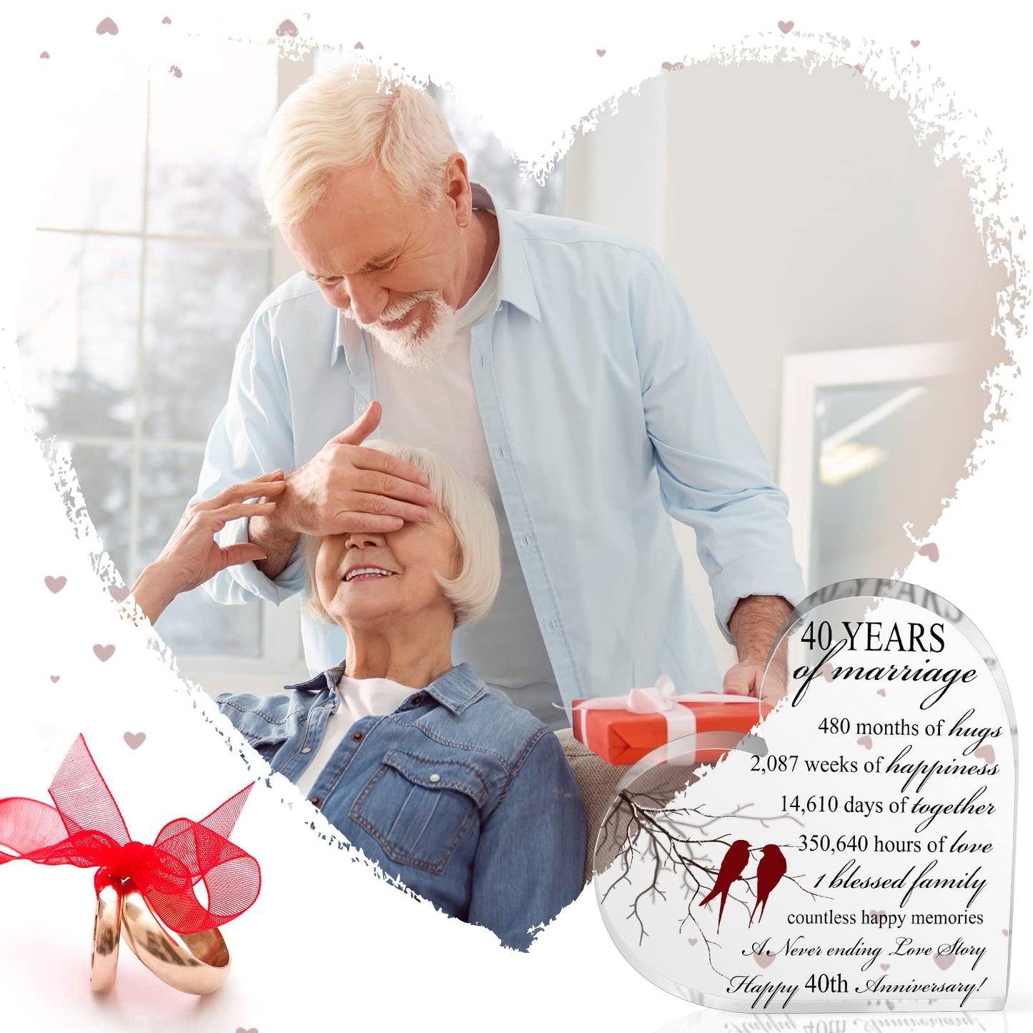 Qunclay 40th Years of Marriage Gift Wedding Anniversary Souvenir Heart Marriage Keepsake Decoration Present for Couple Parent Women Mom Husband Wife He She Friend Grandparents