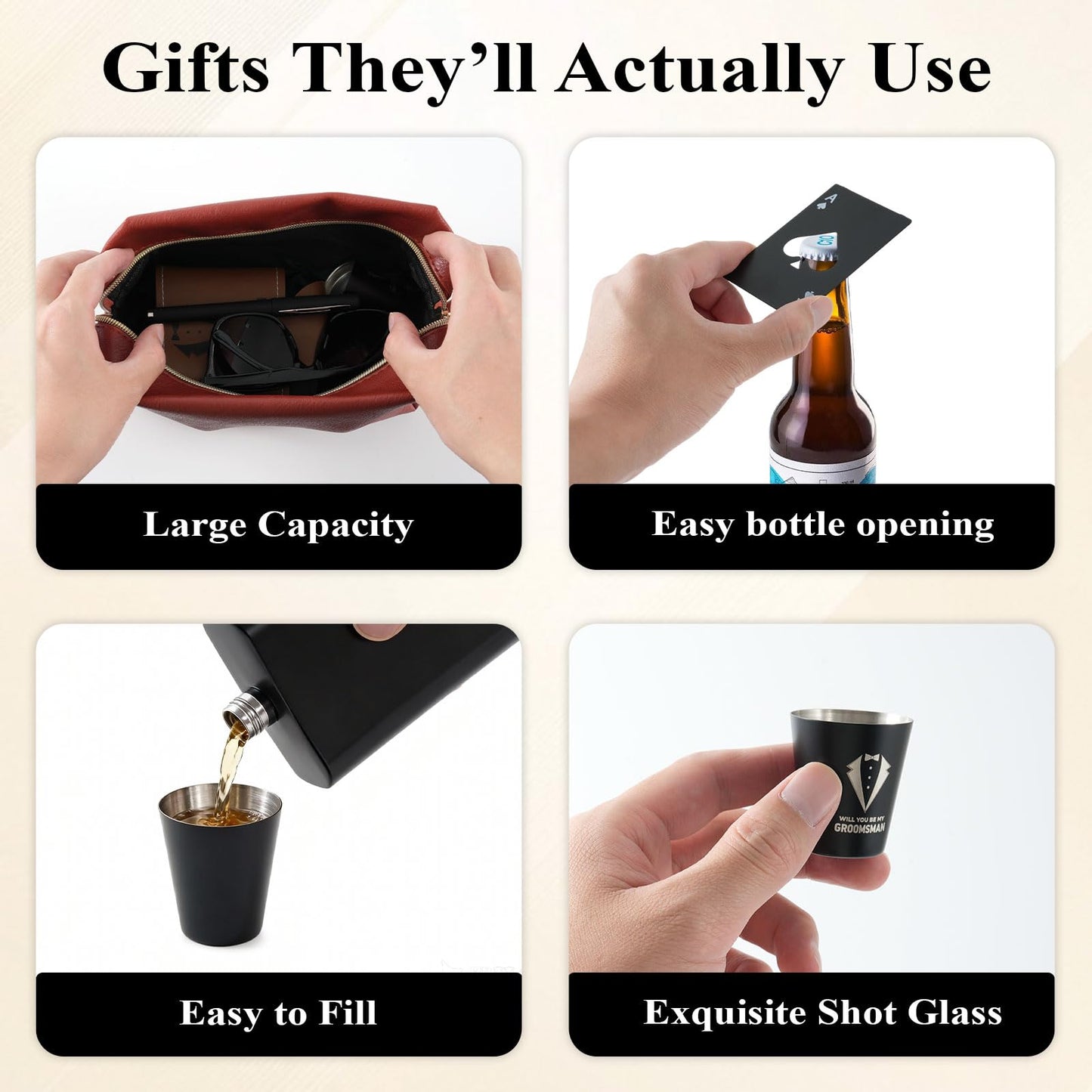 60 Pcs Groomsmen Proposal Gifts Set of 6 – Gift Bags with Shot Glasses Sunglasses PU Leather Toiletry Bag Bottle Opener Combs Coasters for Wedding Groomsman Best Man Bachelor Party