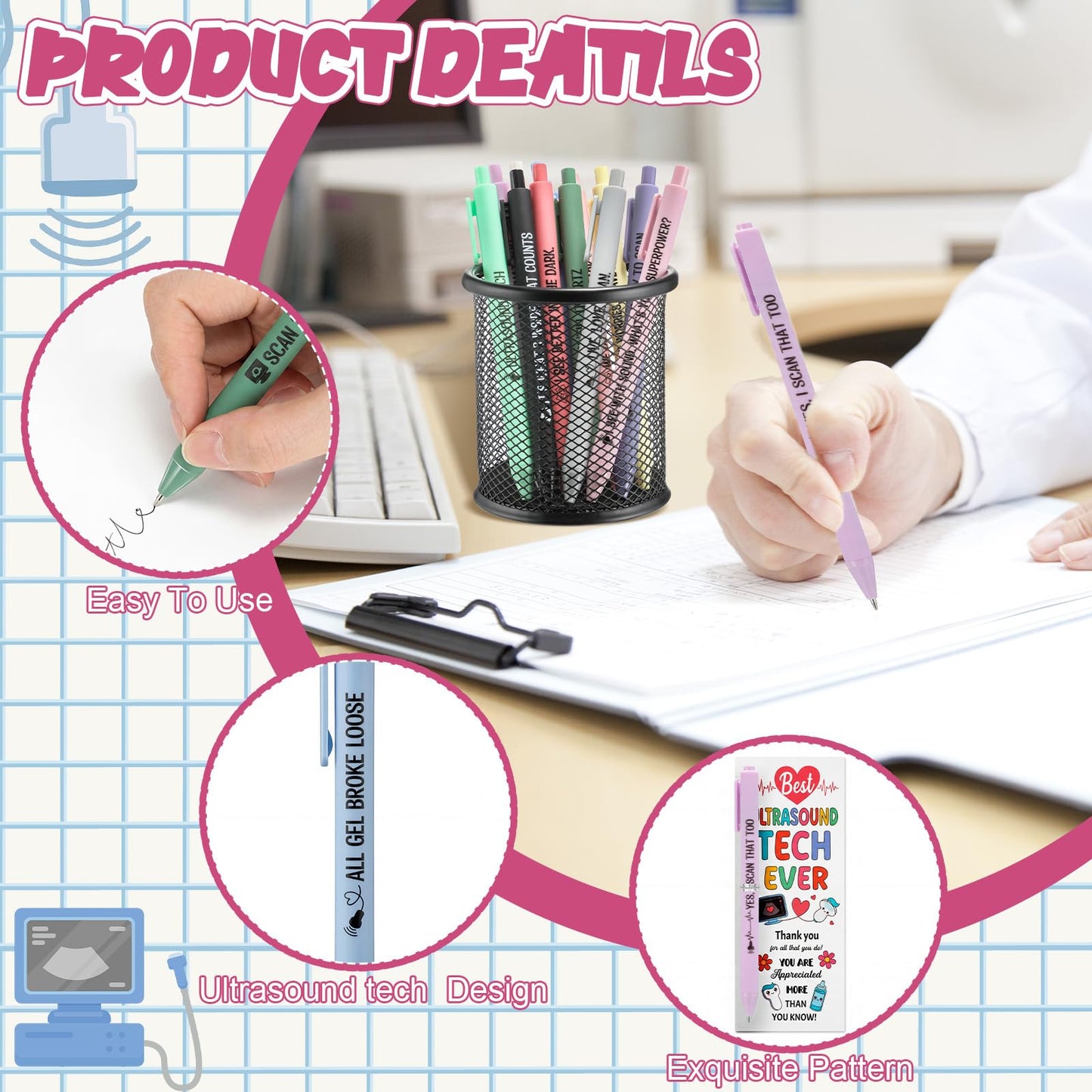 Gueevin 36 Sets Sonographer Gifts Set 12 Designs Ultrasound Themed Pen with Matching Themed Thank You Cards for Ultrasound Tech Week Sonography Student Graduation Radiology Nurse Appreciation