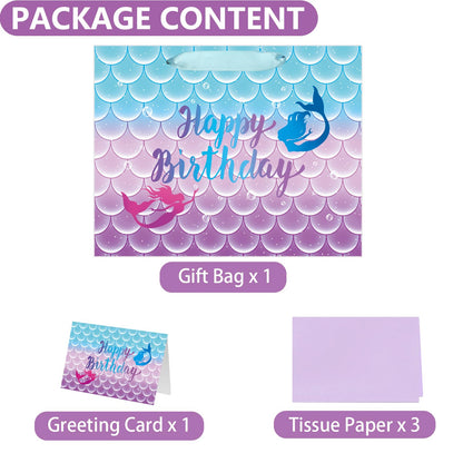 Yusenguan 13" Large Mermaid Happy Birthday Gift Bag with Tissue Paper, Greeting Card and Handle for Kids, Girls Birthday Party