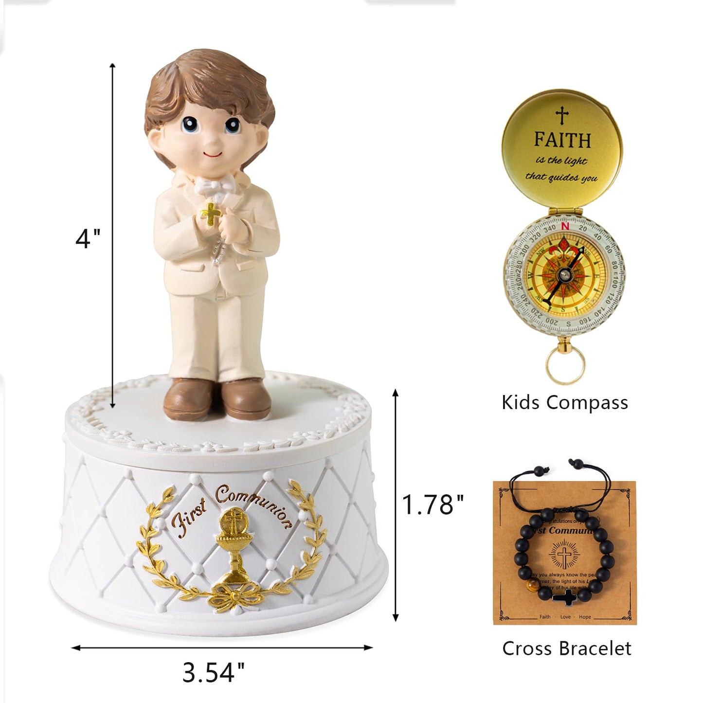 First Communion Gifts for Boys- First Holy Boy Figurine with Keepsake Box & Compass for Kids & Cross Bracelet Included, 1st Communion Gifts for Boys