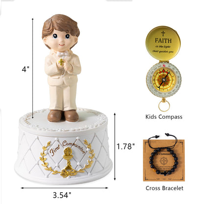 First Communion Gifts for Boys- First Holy Boy Figurine with Keepsake Box & Compass for Kids & Cross Bracelet Included, 1st Communion Gifts for Boys