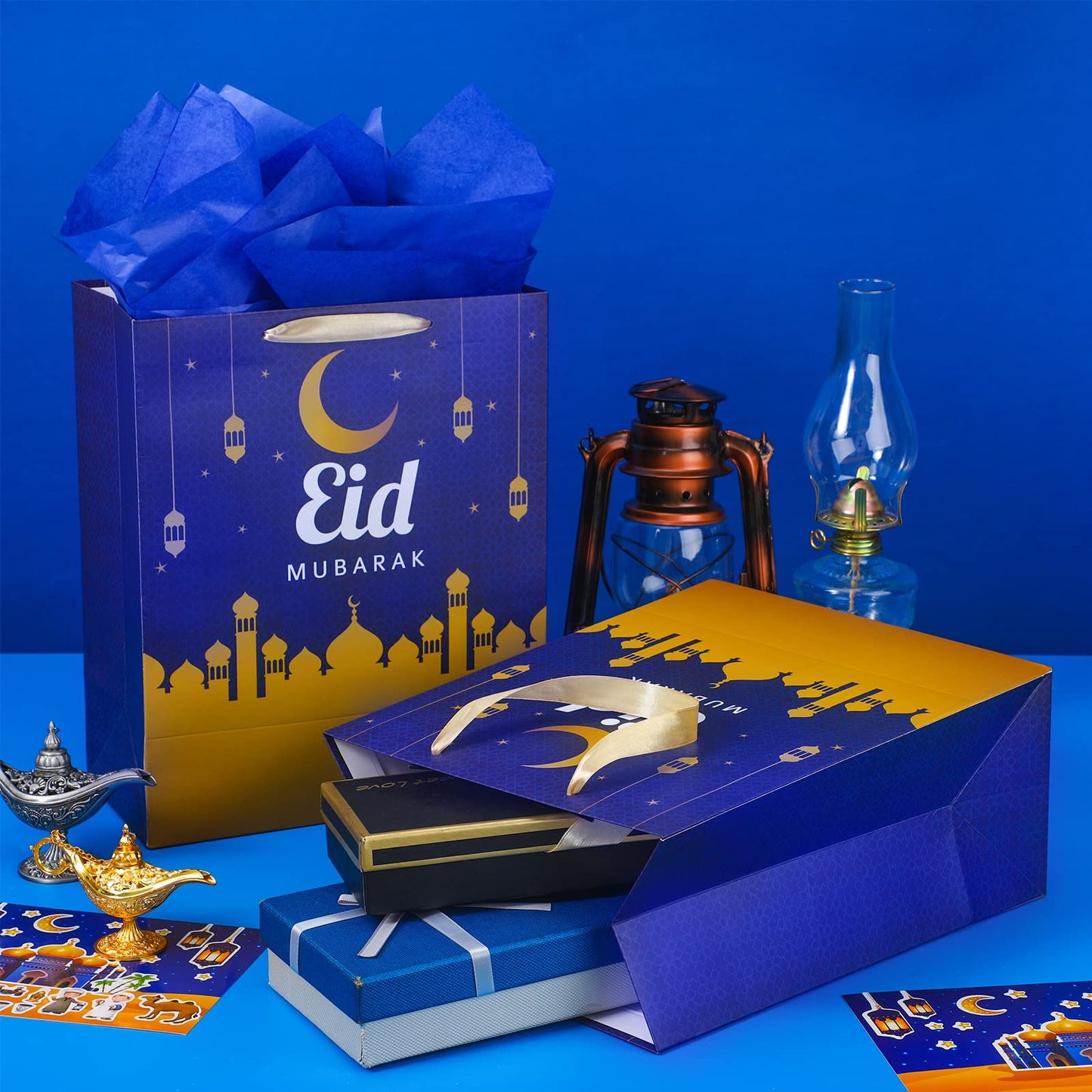 Crtiin 12 Pack Eid Mubarak Gift Bags with Handle 13" Large Paper Eid Gift Bags with Tissue Paper Eid Mubarak Bags Ramadan Gift Bags Eid Goodie Bags Muslim Ramadan Gift Bags for Eid Party Supplies