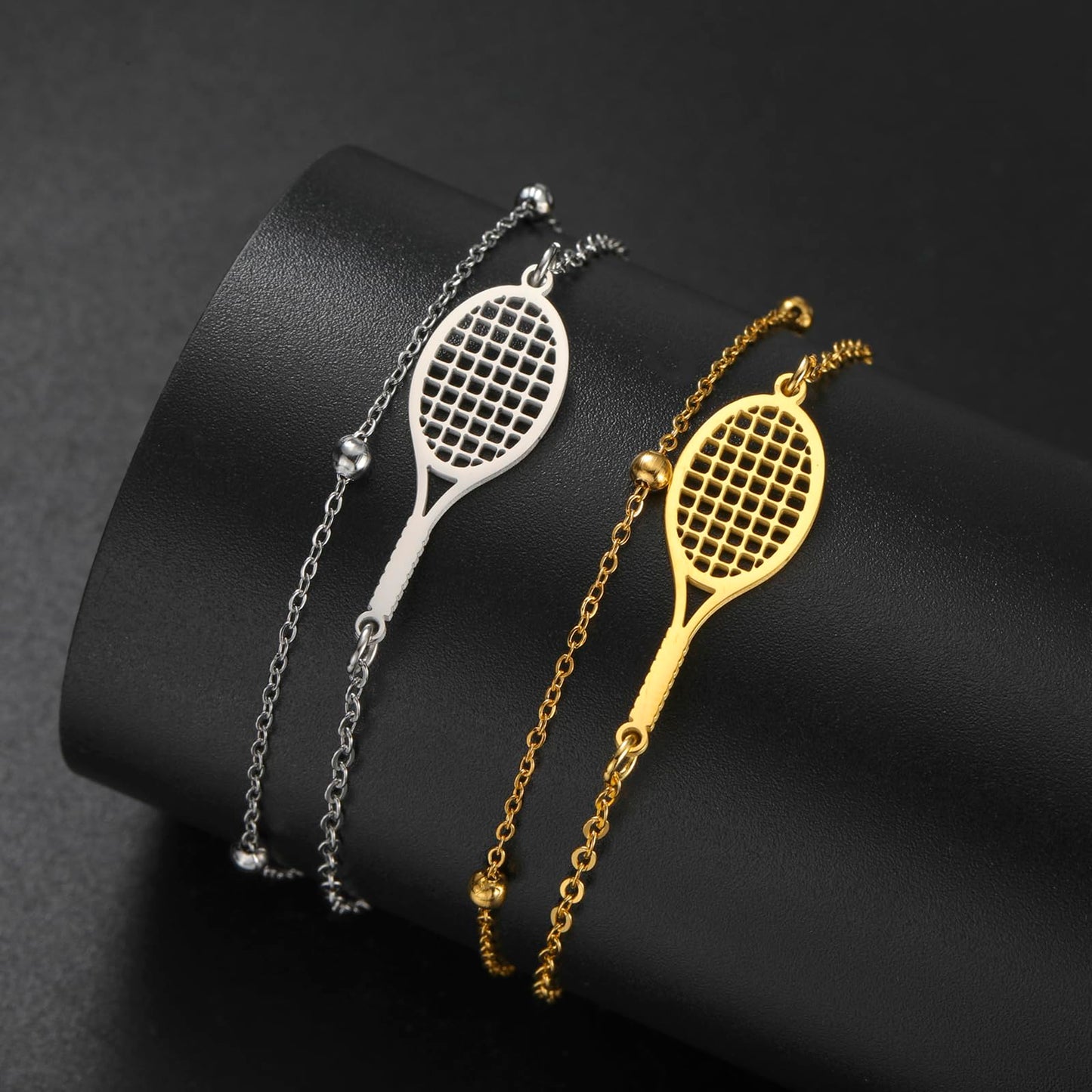 Tennis Racket Bracelet for Women Men Dainty Adjustable Racket Charm Layering Sport Bangle Bracelet Lover Jewelry Tennis Gifts for Women Men Players