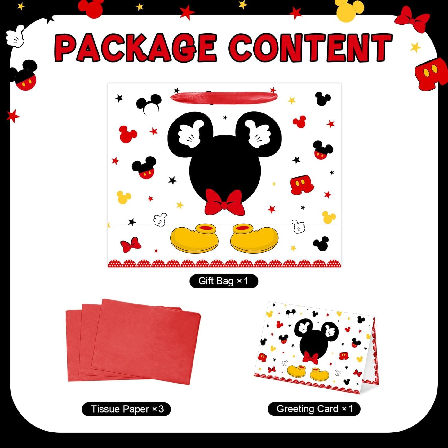 13" Large Red Mouse Happy Birthday Gift Bag Set with Handles, Greeting Card and Tissue Papers Red Black Gift Wrapping Paper Bag for Girls Kids Teens 13"L x 10.2"H x 4.9"W