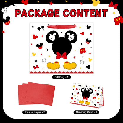 13" Large Red Mouse Happy Birthday Gift Bag Set with Handles, Greeting Card and Tissue Papers Red Black Gift Wrapping Paper Bag for Girls Kids Teens 13"L x 10.2"H x 4.9"W