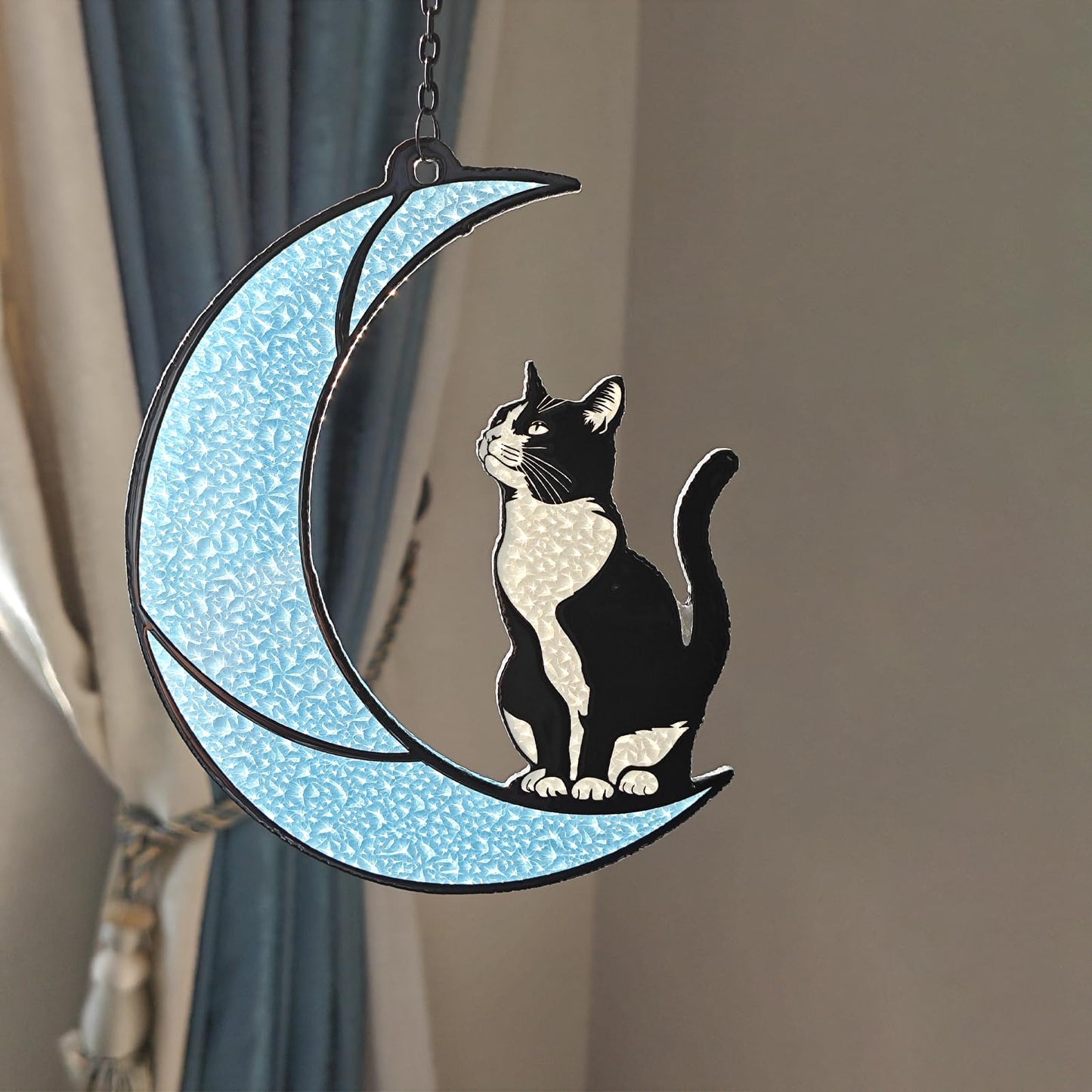 Black and White Cat Moon Suncatcher - Cat Loss Sympathy Gift, Tuxedo Stained Glass Hanging Ornament for Memorial Home Decor