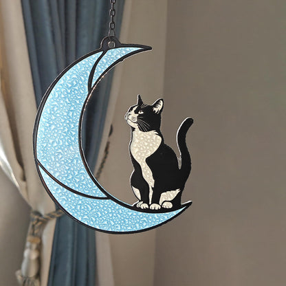 Black and White Cat Moon Suncatcher - Cat Loss Sympathy Gift, Tuxedo Stained Glass Hanging Ornament for Memorial Home Decor