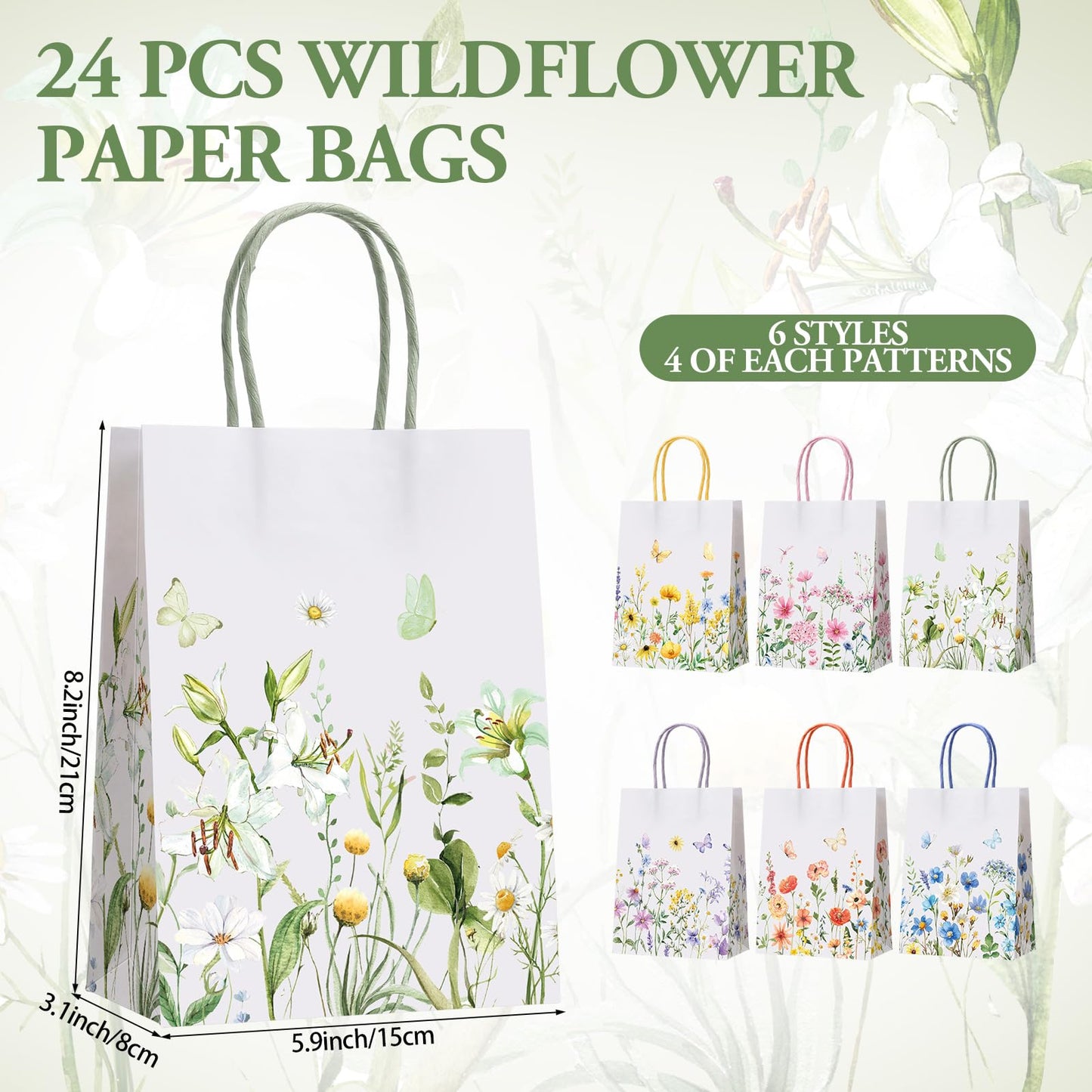 Gaillty 24 Pcs Wildflower Paper Gift Bags 6 Styles, Floral Goodie Bags with Handles Flower Wedding Welcome Bag for Wedding Bridal Shower Engagement Baby Shower Birthday Spring Tea Party Supplies